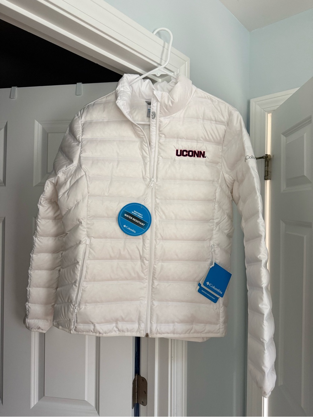 Columbia White Ladies Puffer Jacket with UCONN Embroidery